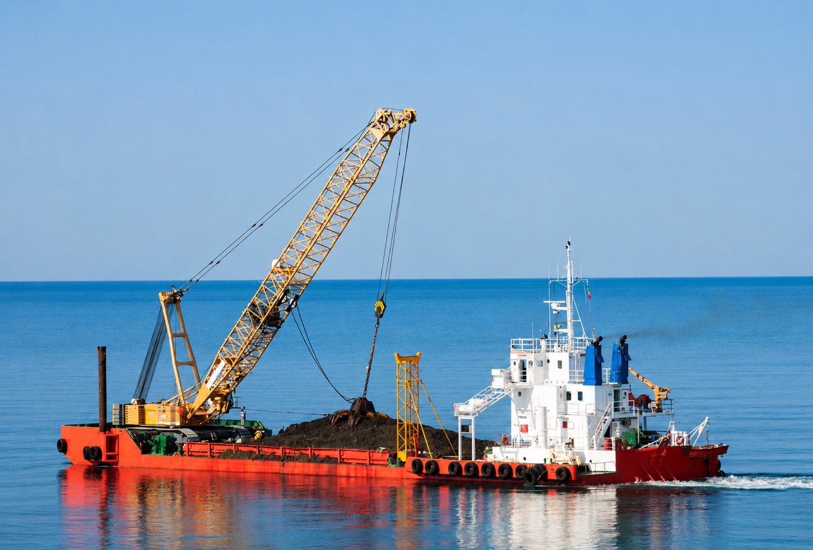 Dredging vessel with crane and material barge offshore